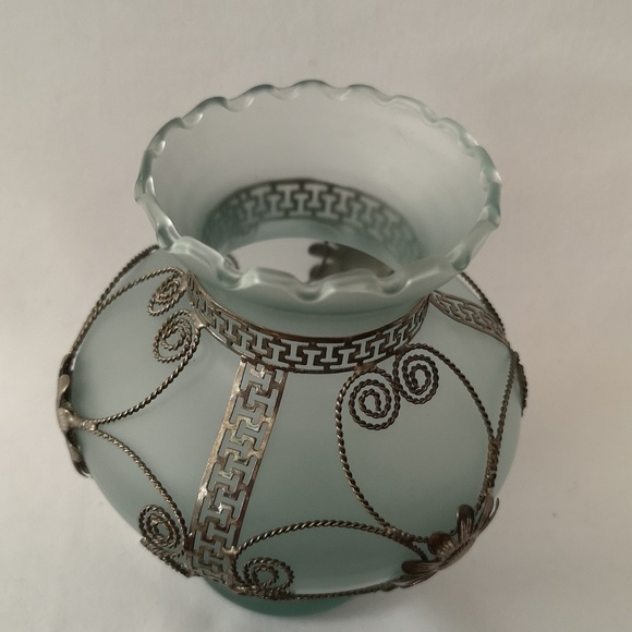 Very Sweet Vintage Blue Gray Satin Glass Vase with Lovely Metal Overlay Design - Picture 3 of 5